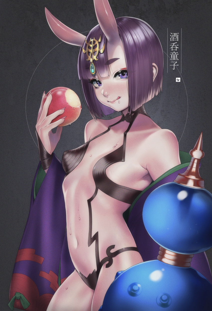 1girl :q absurdres bangs bare_shoulders blush bob_cut breasts character_name commentary_request cowboy_shot eyebrows_visible_through_hair eyeliner fate/grand_order fate_(series) fingernails food food_bite fruit gourd headpiece highres holding holding_food holding_fruit horns japanese_clothes jewelry kimono licking_lips looking_at_viewer makeup nanja navel oni oni_horns open_clothes open_kimono peach purple_hair purple_kimono revealing_clothes saliva short_eyebrows short_hair shuten_douji_(fate) skin-covered_horns small_breasts smile solo tongue tongue_out violet_eyes wide_sleeves