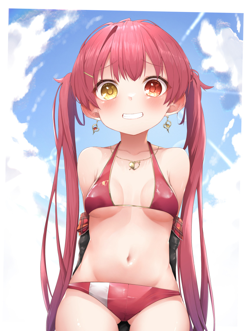 1girl absurdres bangs bikini blush breasts eyebrows_visible_through_hair hair_ribbon heterochromia highres hololive houshou_marine large_breasts long_hair looking_at_viewer open_mouth pepushi_drow red_eyes redhead ribbon smile solo swimsuit twintails virtual_youtuber yellow_eyes younger