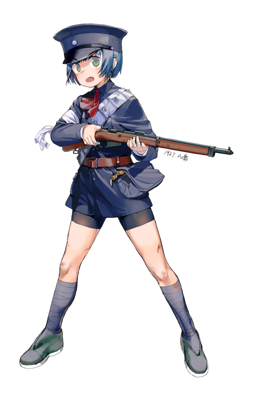 1girl :o absurdres ammunition ammunition_belt ammunition_pouch bandages bangs belt bike_shorts black_footwear blue_hair blue_headwear blue_legwear chinese_army full_body gewehr_88 green_eyes gun highres holding holding_gun holding_weapon long_sleeves looking_at_viewer military open_mouth original pouch shoes short_hair simple_background weapon white_background zhongye_yu