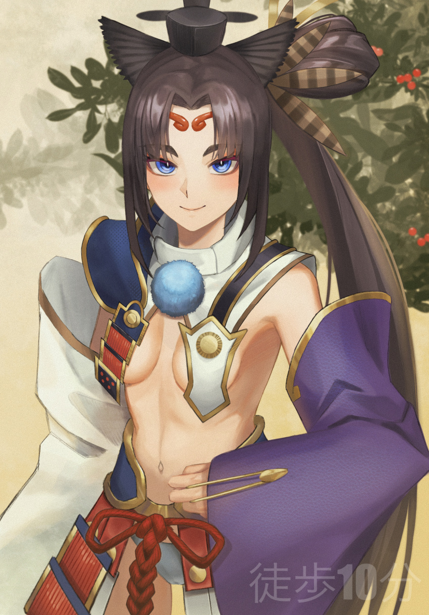 1girl armor bare_shoulders berry black_headwear blue_eyes brown_hair circlet closed_mouth detached_sleeves eyebrows_visible_through_hair fate/grand_order fate_(series) feather_hair_ornament feathers hair_ornament highres long_hair long_sleeves navel pauldrons plant shoulder_armor signature single_bare_shoulder single_pauldron sleeves_past_wrists smile solo toho10min ushiwakamaru_(fate) very_long_hair watermark wide_sleeves