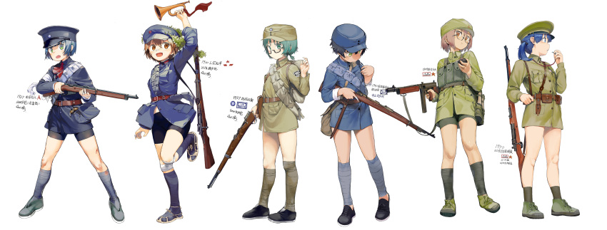 1girl :o absurdres ammunition ammunition_belt ammunition_pouch asymmetrical_legwear backpack bag bandages bangs belt bike_shorts black_footwear black_hair blue_eyes blue_hair blue_headband blue_headwear blue_legwear brown_eyes brown_hair china chinese_army closed_mouth eating explosive food full_body gewehr_88 gewehr_98 glasses green_eyes green_footwear green_hair green_headwear green_legwear grenade gun hair_between_eyes hat headband highres holding holding_food holding_gun holding_instrument holding_weapon holster holstered_weapon instrument long_sleeves looking_at_viewer medium_hair military military_hat military_uniform military_vehicle mouth_hold open_mouth original ponytail pouch sandals shoes short_hair shoulder_bag side_ponytail simple_background solo submachine_gun thompson_submachine_gun trumpet uneven_legwear uniform weapon whistle whistle_around_neck white_background zhongye_yu