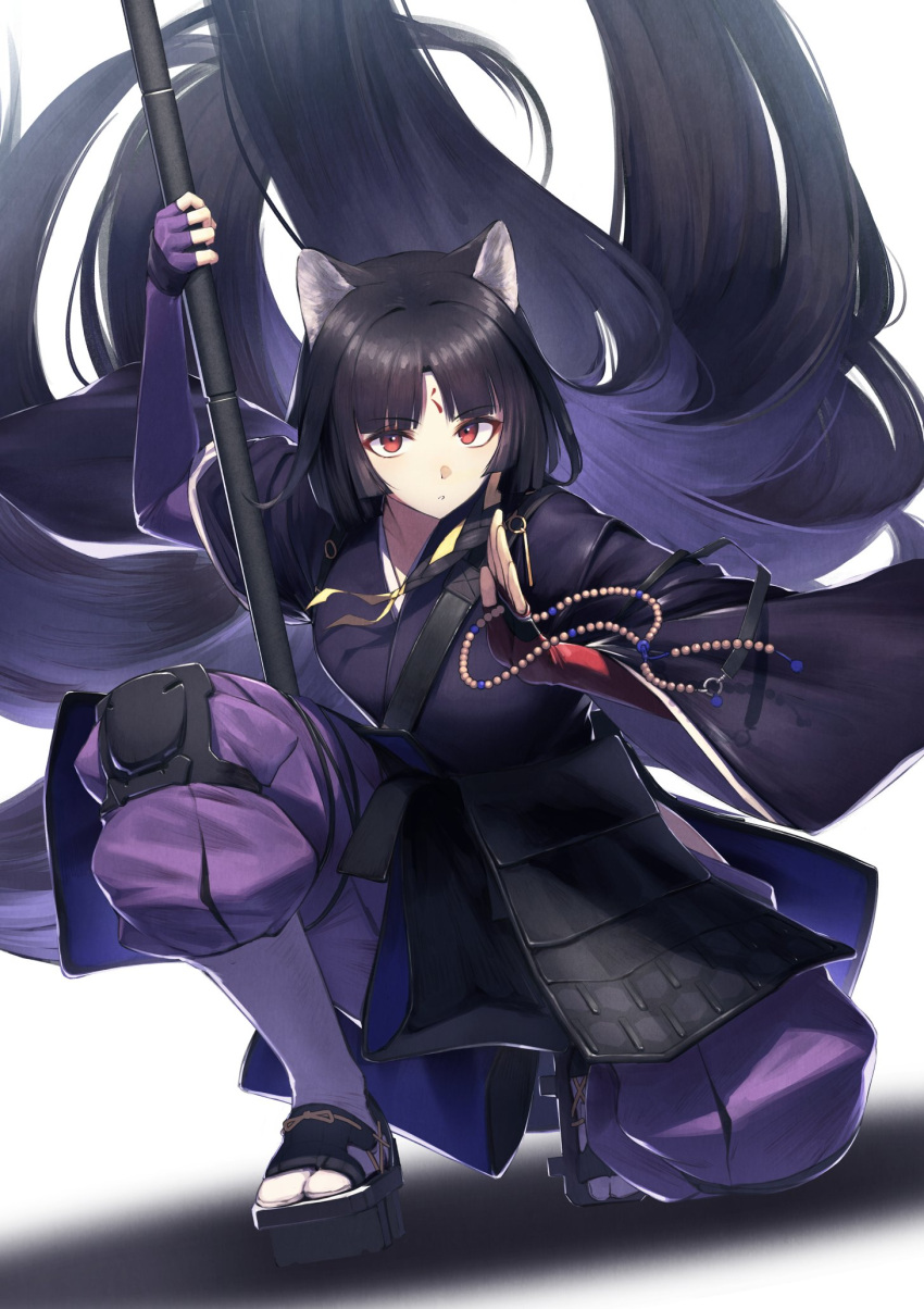 1girl animal_ears arknights armor bangs beads black_hair black_kimono dog_ears facial_mark fingerless_gloves forehead_mark gloves highres holding holding_weapon itaco japanese_clothes kimono knee_pads long_hair looking_at_viewer naginata one_knee pants polearm prayer_beads purple_gloves purple_pants red_eyes saga_(arknights) simple_background solo very_long_hair weapon white_background