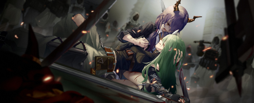 2girls 50mgnicotine absurdres arknights bangs black_jacket black_shirt blood blood_from_mouth blood_on_face bloody_weapon blurry blurry_background blurry_foreground breasts ch'en_(arknights) chinese_commentary collared_shirt commentary_request crying crying_with_eyes_open depth_of_field dragon_horns green_eyes grey_pants hand_on_another's_head highres holding_hands horns hoshiguma_(arknights) injury jacket knee_up lap_pillow long_hair looking_at_another lying medium_breasts multiple_girls necktie on_back open_mouth pants parted_lips purple_hair red_eyes reunion_soldier_(arknights) seiza shirt single_horn sitting tears torn_clothes torn_pants weapon white_shirt yellow_neckwear