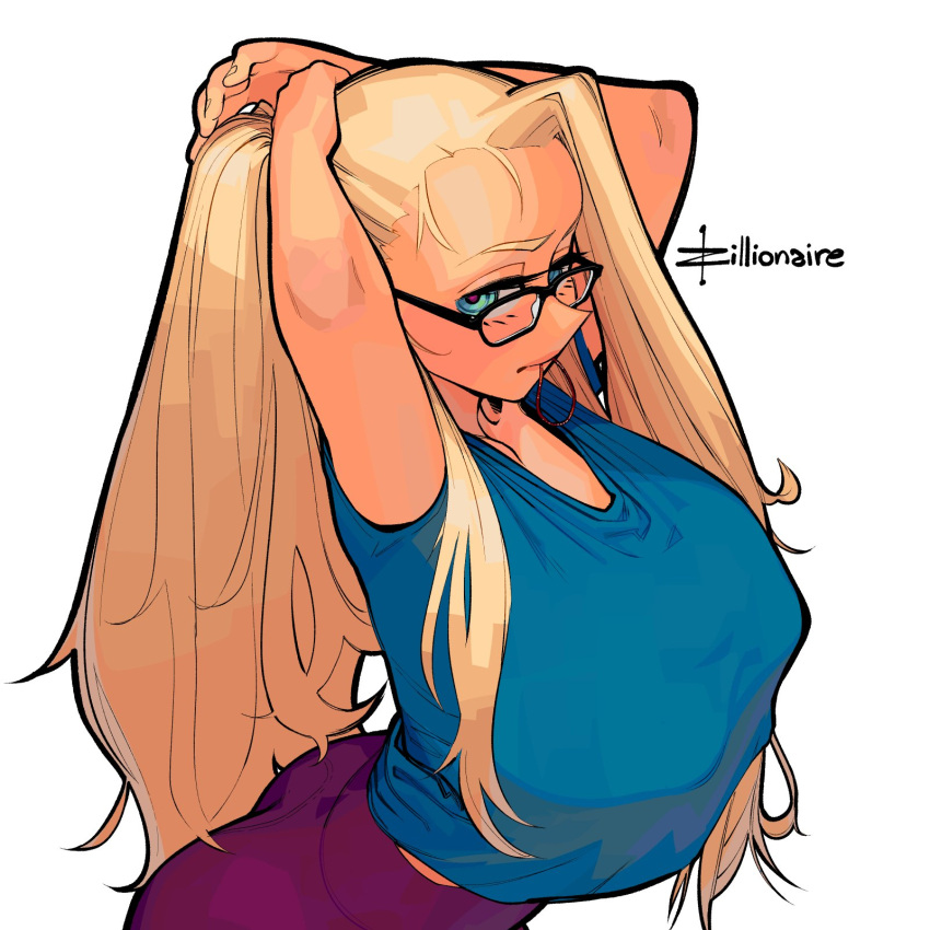 1girl adjusting_hair artist_name ass black-framed_eyewear blonde_hair blue_eyes blue_shirt breasts covered_nipples eyelashes forehead hair_tie_in_mouth high-waist_pants highres large_breasts lips long_hair looking_at_viewer mouth_hold original pants ponytail purple_pants shirt shirt_overhang solo t-shirt very_long_hair white_background zillionaire