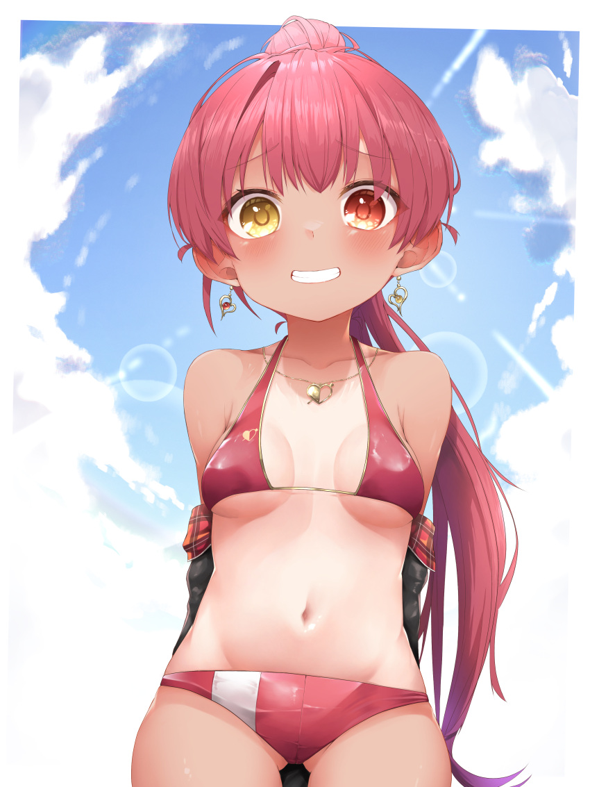 1girl absurdres bangs bikini blush breasts eyebrows_visible_through_hair hair_ribbon heterochromia highres hololive houshou_marine large_breasts long_hair looking_at_viewer navel one-piece_tan open_mouth pepushi_drow ponytail red_eyes redhead ribbon smile solo swimsuit tan tanlines virtual_youtuber yellow_eyes younger