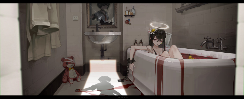 1girl 50mgnicotine :o absurdres bangs bathroom bathtub black_hair blood bottle bra_strap breasts broken_glass chain chinese_commentary commentary_request cuffs earrings eyebrows_visible_through_hair faucet flower flower_earrings glass hair_between_eyes hair_flower hair_ornament halo highres indoors jewelry knees_up long_hair looking_away original picture_(object) red_eyes rubber_duck shadow sink sitting solo stuffed_animal stuffed_toy teddy_bear towel white_flower