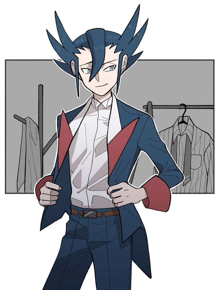 1boy absurdres bangs belt belt_buckle blue_hair brown_belt buckle closed_mouth collared_shirt commentary_request elite_four grey_eyes grimsley_(pokemon) hair_between_eyes highres jacket long_sleeves looking_to_the_side male_focus open_clothes open_jacket pants pokemon pokemon_(game) pokemon_bw shirt short_hair smile solo spiky_hair usarinko white_shirt