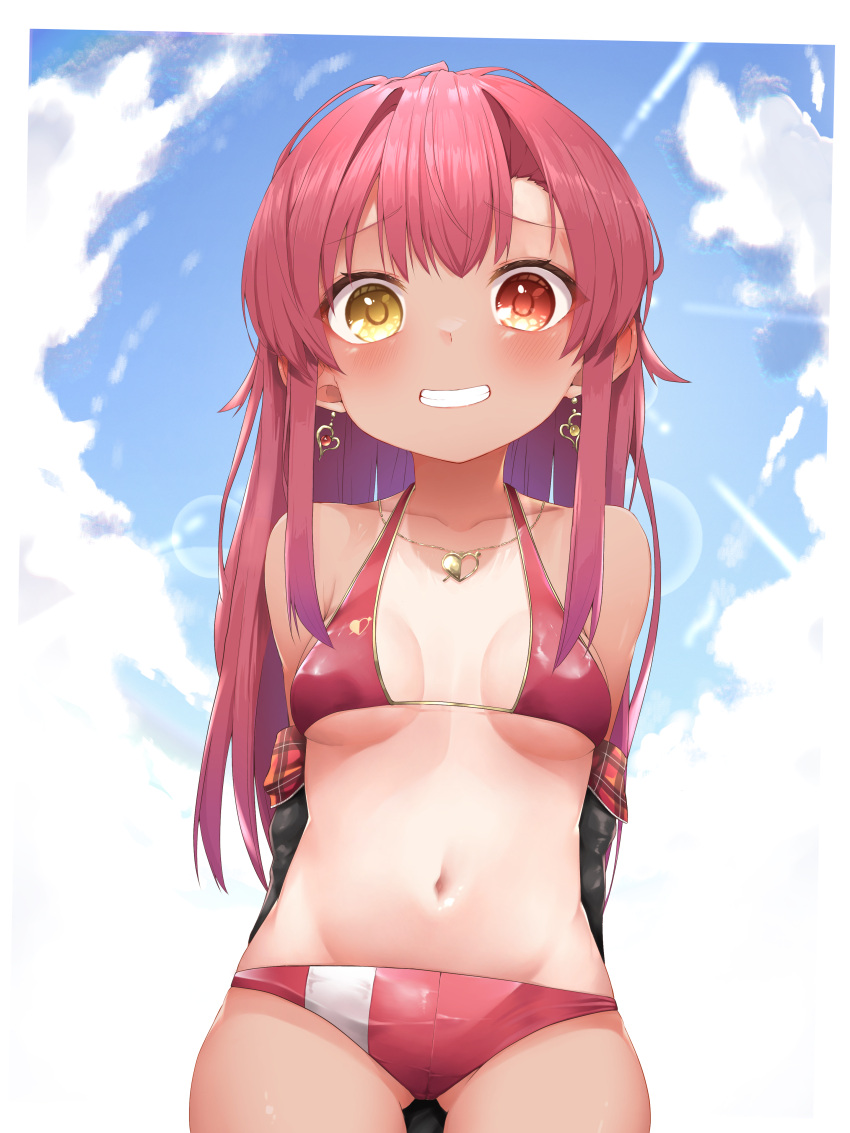 1girl absurdres bangs bikini blush breasts eyebrows_visible_through_hair hair_ribbon heterochromia highres hololive houshou_marine large_breasts long_hair looking_at_viewer navel one-piece_tan open_mouth pepushi_drow red_eyes redhead ribbon smile solo swimsuit tan tanlines virtual_youtuber yellow_eyes younger