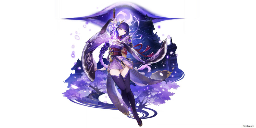 1girl armor bad_link braid braided_ponytail bridal_gauntlets electricity flower full_body genshin_impact geta hair_flower hair_ornament highres holding holding_weapon japanese_clothes long_braid official_art purple_flower purple_hair raiden_(genshin_impact) rope_belt shoulder_armor solo sword sword_between_breasts thigh-highs violet_eyes vision_(genshin_impact) weapon