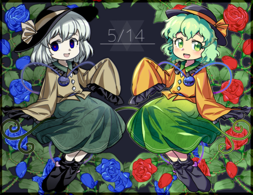 2girls bangs black_footwear black_headwear blue_eyes blue_flower blue_rose blush boots border child commentary_request dated dual_persona eyebrows_visible_through_hair flat_chest flower frilled_shirt frilled_sleeves frills full_body green_eyes green_hair green_skirt grey_hair hand_up happy hat hat_ribbon komeiji_koishi legs_together long_sleeves looking_to_the_side lotosu medium_hair multiple_girls open_mouth orange_ribbon orange_shirt plant red_flower red_pupils red_rose ribbon rose shiny shiny_hair shirt sidelocks sitting skirt sleeves_past_fingers sleeves_past_wrists smile star_(symbol) star_in_eye symbol_in_eye symmetry teeth thorns touhou vines wavy_hair wide_sleeves