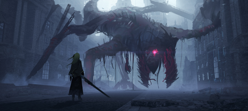 1girl absurdres asteroid_ill blonde_hair building cornea_(asteroid_ill) dress fog from_behind glowing glowing_eye high_heels highres holding holding_sword holding_weapon huge_filesize long_hair long_sleeves monster one_side_up original pink_eyes poncho rubble ruins scenery solo sword weapon