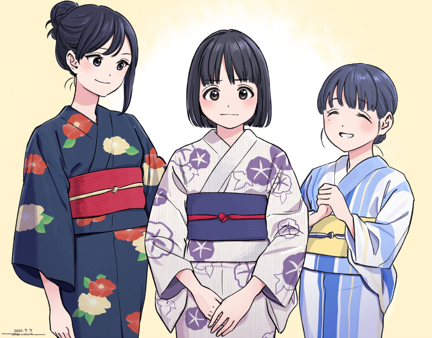 3girls blue_kimono blush bob_cut commentary_request eniwa_shii eyebrows_visible_through_hair floral_print hair_bun highres horikou japanese_clothes kimono koguma_(super_cub) mole mole_under_eye multiple_girls obi print_kimono purple_kimono reiko_(super_cub) sash smile striped striped_kimono super_cub tanabata yukata