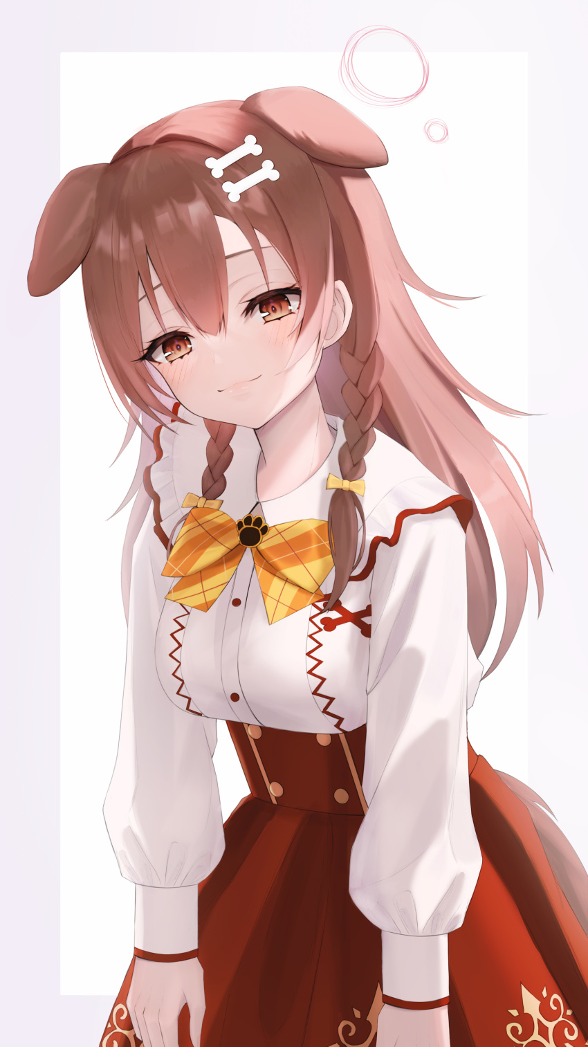 1girl absurdres animal_ears bangs bone_hair_ornament braid brown_eyes brown_hair closed_mouth collared_shirt commentary dog_ears dog_girl dog_tail english_commentary extra_ears eyelashes hair_between_eyes hair_ornament hairclip high-waist_skirt highres hololive huge_filesize inugami_korone leaning_forward long_hair long_sleeves looking_at_viewer red_skirt shirt side_braids skirt smile solo tail thomas_8000 twin_braids virtual_youtuber white_shirt