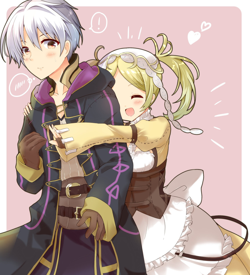 1boy 1girl blonde_hair closed_eyes commissioner_upload fire_emblem fire_emblem:_awakening fire_emblem:_kakusei hug hug_from_behind laughing lissa_(fire_emblem) pigtails robin_(fire_emblem) white_hair