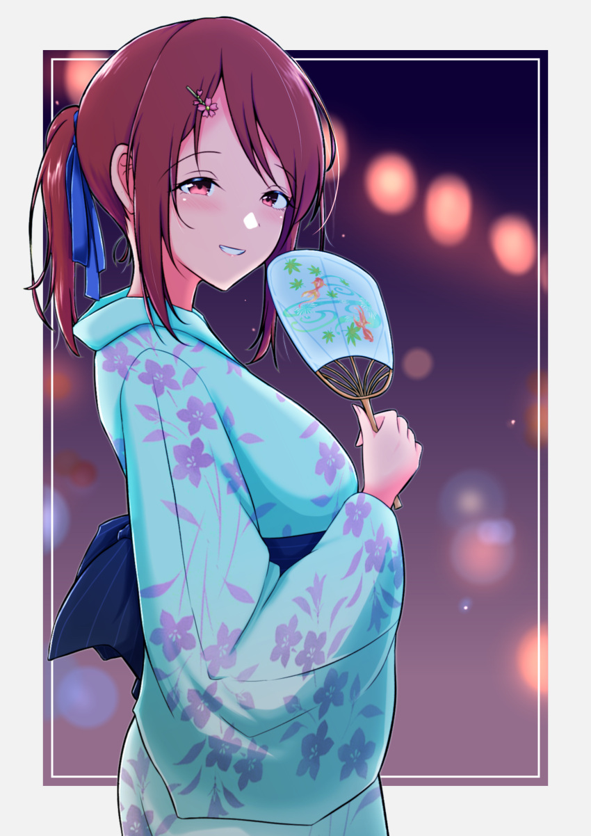 1girl absurdres blue_kimono blue_ribbon blush border brown_eyes brown_hair commentary_request floral_print grey_border grin hair_ribbon hand_fan highres holding holding_fan idolmaster idolmaster_cinderella_girls japanese_clothes kimono looking_at_viewer mifune_miyu motodouryou print_kimono ribbon short_ponytail smile solo yukata