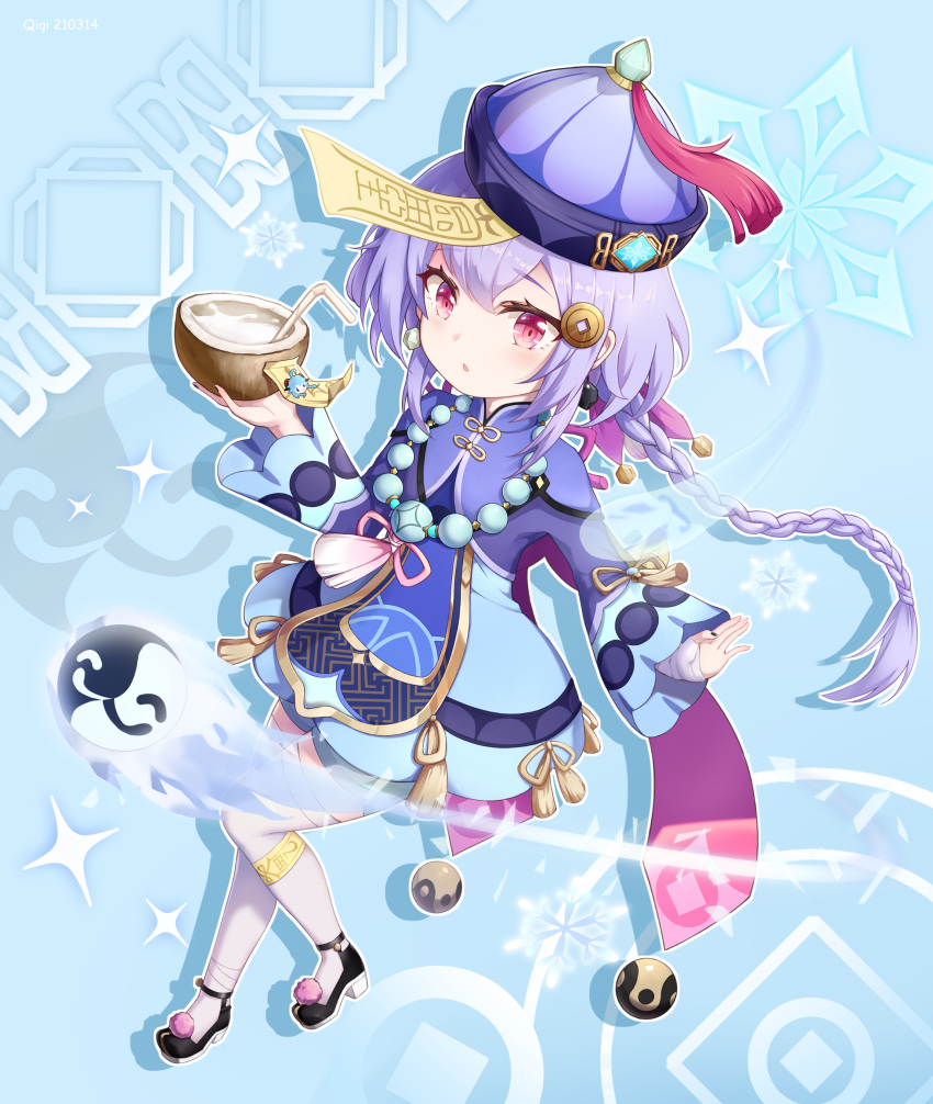 1girl absurdres aqua_background bandaged_leg bandages bangs bead_necklace beads braid cape coconut coin_hair_ornament commentary_request drinking_straw earrings eyebrows_visible_through_hair from_above genshin_impact hair_between_eyes hat hehehzb highres jewelry jiangshi long_hair long_sleeves looking_at_viewer looking_up low_ponytail necklace ofuda orb parted_lips purple_hair qing_guanmao qiqi_(genshin_impact) shoes sidelocks simple_background single_braid solo thigh-highs violet_eyes vision_(genshin_impact) white_legwear yin_yang yin_yang_orb zettai_ryouiki