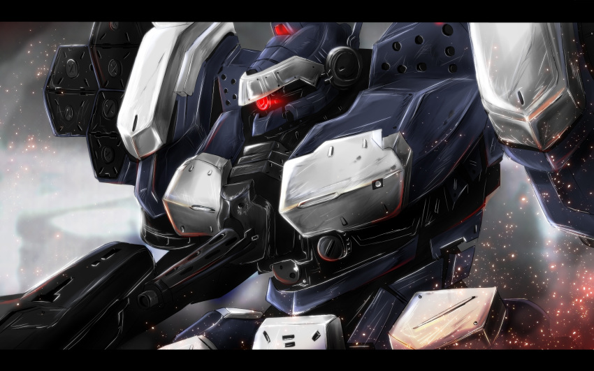 armored_core glowing glowing_eyes highres holding holding_weapon mecha nekominase no_humans out_of_frame weapon