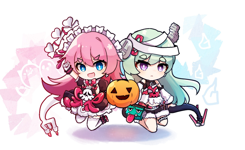 2girls :d bag bangs blue_eyes chibi closed_mouth full_body hair_between_eyes hair_ornament halloween halloween_costume highres honkai_(series) honkai_impact_3rd horns liliya_olenyeva long_hair looking_at_viewer maid_headdress multiple_girls open_mouth pink_hair pumpkin rozaliya_olenyeva senin_liku shoulder_bag siblings single_horn smile tail thick_eyebrows thigh-highs twins v-shaped_eyebrows white_legwear