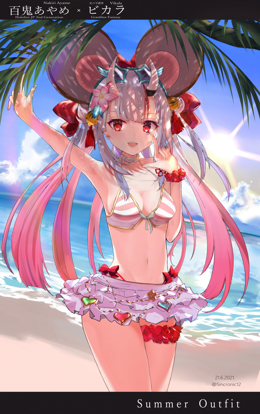 1girl absurdres animal_ears beach bell bikini bikini_skirt bow character_name commentary copyright_name cosplay crossed_legs dated double_bun english_commentary eyewear_on_head gradient_hair granblue_fantasy hair_bell hair_bow hair_ornament halter_top halterneck highres hololive horns index_fingers_raised jingle_bell leg_garter long_hair looking_at_viewer mouse_ears multicolored_hair nakiri_ayame navel ocean oni oni_horns open_mouth palm_tree red_eyes redhead silver_hair sincronic smile solo star-shaped_eyewear streaked_hair striped striped_bikini summer sunglasses swimsuit tassel tree tropical twintails twitter_username two_side_up vikala_(granblue_fantasy) vikala_(granblue_fantasy)_(cosplay) virtual_youtuber