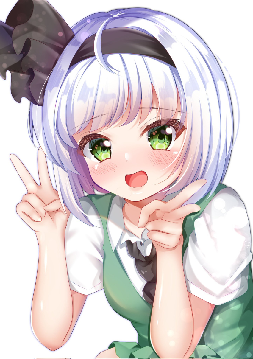 black_bow black_hairband black_neckwear black_ribbon blue_eyes bob_cut bow breasts collared_shirt green_vest hair_ribbon hairband highres konpaku_youmu ribbon shirotsuki_shirone shirt short_hair short_sleeves silver_hair small_breasts touhou vest white_shirt