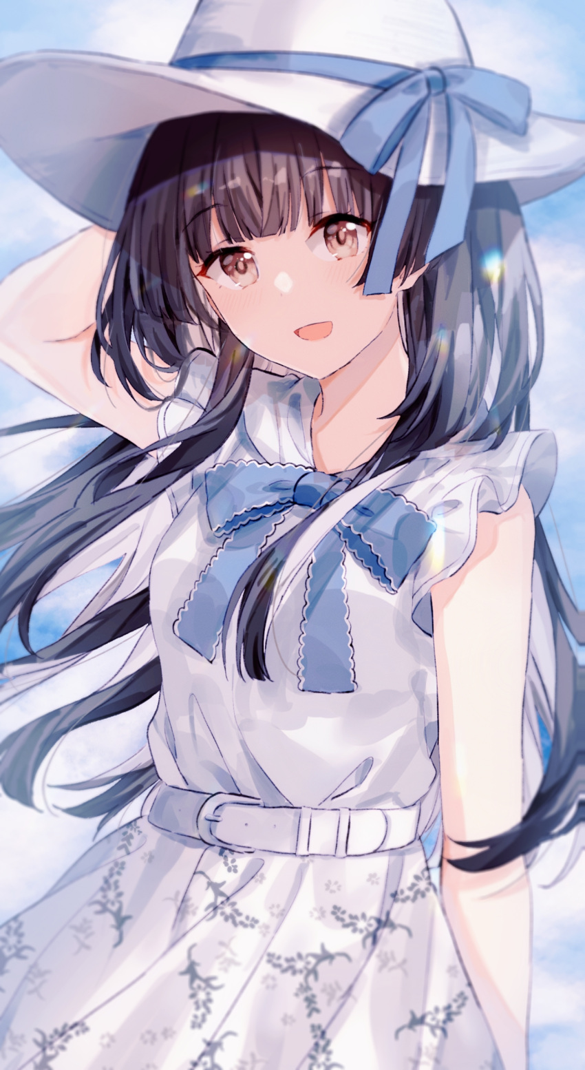 1girl :d absurdres black_hair blue_bow blush bow brown_eyes clouds cloudy_sky dress eyebrows_visible_through_hair gocoli highres idolmaster idolmaster_shiny_colors long_hair looking_at_viewer mayuzumi_fuyuko multicolored_hair open_mouth outdoors pinafore_dress sky sleeveless smile solo upper_body white_dress white_hair white_headwear