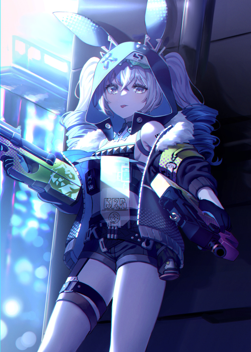 1girl :p animal_ears animal_hood bangs barcode barcode_tattoo bare_shoulders black_gloves black_jacket black_shorts breasts bronya_zaychik bronya_zaychik_(haxxor_bunny) bullpup drill_hair dual_wielding gloves grey_eyes grey_hair gun hair_between_eyes highres holding holding_gun holding_weapon honkai_(series) honkai_impact_3rd hood jacket leaning_back looking_at_viewer outdoors p90 rabbit_ears shorts small_breasts solo soy_chicken submachine_gun tattoo tongue tongue_out twin_drills v-shaped_eyebrows weapon