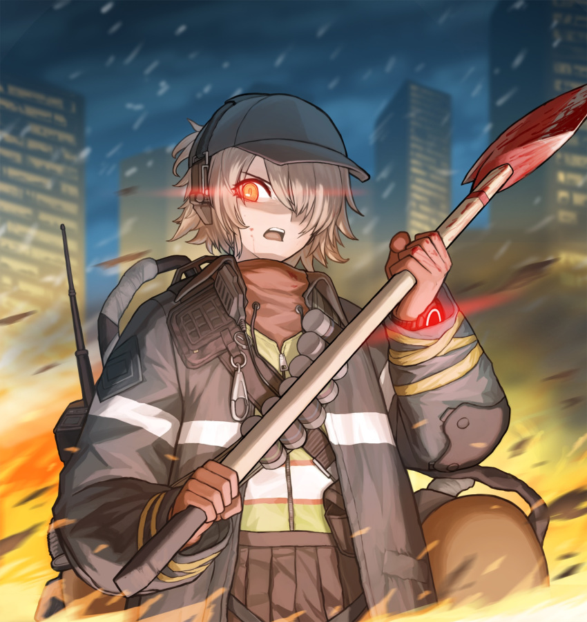 1girl axe baseball_cap blood blood_on_face bloody_axe building cheogtanbyeong commentary_request fire fire_axe girls_frontline gloves glowing glowing_eye hair_over_one_eye hat highres holding holding_axe light_brown_hair looking_at_viewer open_mouth outdoors red_eyes rogue_division_agent short_hair solo tom_clancy's_the_division upper_body vector_(girls_frontline) vector_(hellfire)_(girls_frontline)