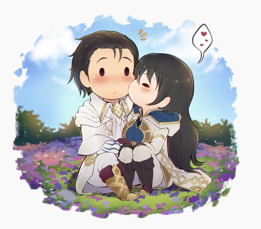 1boy 1girl alternate_costume black_eyes black_hair blush chibi closed_eyes closed_mouth couple evomanaphy fire_emblem fire_emblem:_thracia_776 fire_emblem_heroes flower heart hetero highres holding_hands kiran_(fire_emblem) kiss kissing_cheek long_hair original reinhardt_(fire_emblem) scenery speech_bubble