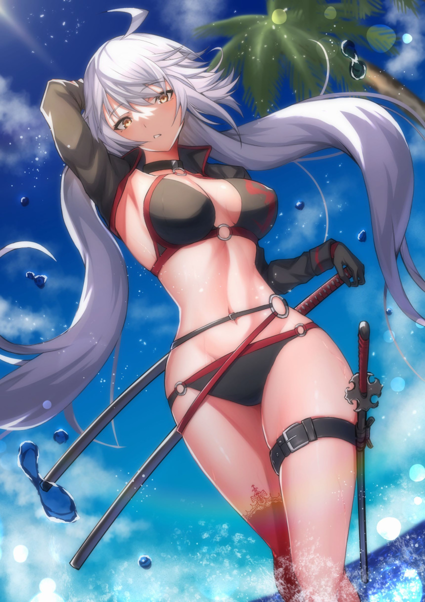 1girl absurdres ahoge arm_behind_head armpit_peek bangs bikini black_bikini breasts cropped_jacket eyebrows_visible_through_hair fate/grand_order fate_(series) floating_hair glglpanda hand_on_hilt highres jeanne_d'arc_(alter)_(fate) jeanne_d'arc_(alter_swimsuit_berserker)_(fate) jeanne_d'arc_(fate)_(all) large_breasts long_hair looking_at_viewer multiple_swords o-ring o-ring_bikini palm_tree parted_lips scabbard sheath solo sunlight swimsuit sword thigh_strap tree very_long_hair wading water water_drop weapon white_hair yellow_eyes