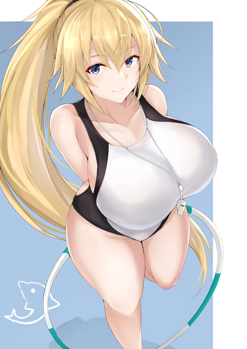 1girl absurdres arms_behind_back blonde_hair blue_eyes breasts competition_swimsuit curvy fate/grand_order fate_(series) highres hoop huge_breasts hula_hoop jeanne_d'arc_(fate)_(all) jeanne_d'arc_(swimsuit_archer)_(fate) large_breasts leg_lift long_hair looking_at_viewer maruyaa_(malya1006) one-piece_swimsuit ponytail smile solo standing standing_on_one_leg swimsuit thick_thighs thighs very_long_hair whistle