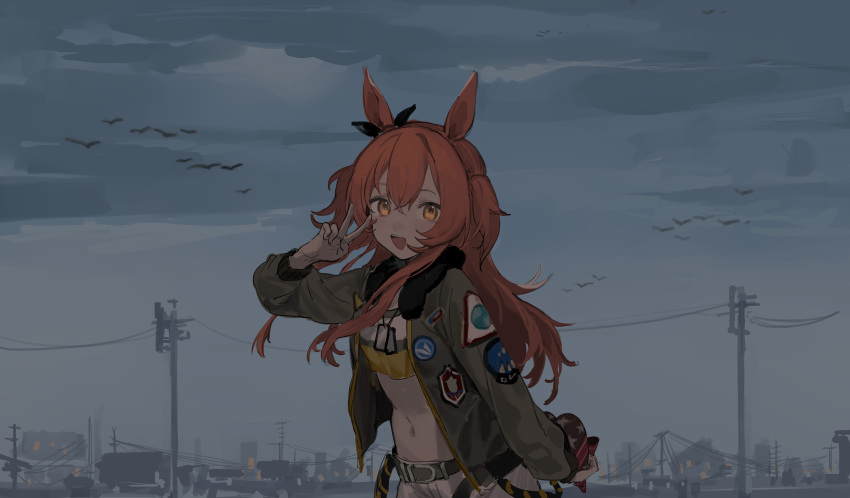 1girl animal_ears bird black_bow bow cowboy_shot crop_top dog_tags green_belt green_jacket hair_between_eyes hair_bow highres holding horse_ears jacket long_hair looking_at_viewer mayano_top_gun_(umamusume) midriff navel night open_clothes open_jacket open_mouth orange_hair outdoors overcast power_lines sh_(562835932) shirt shorts solo twintails two_side_up umamusume utility_pole v white_shorts yellow_eyes yellow_shirt