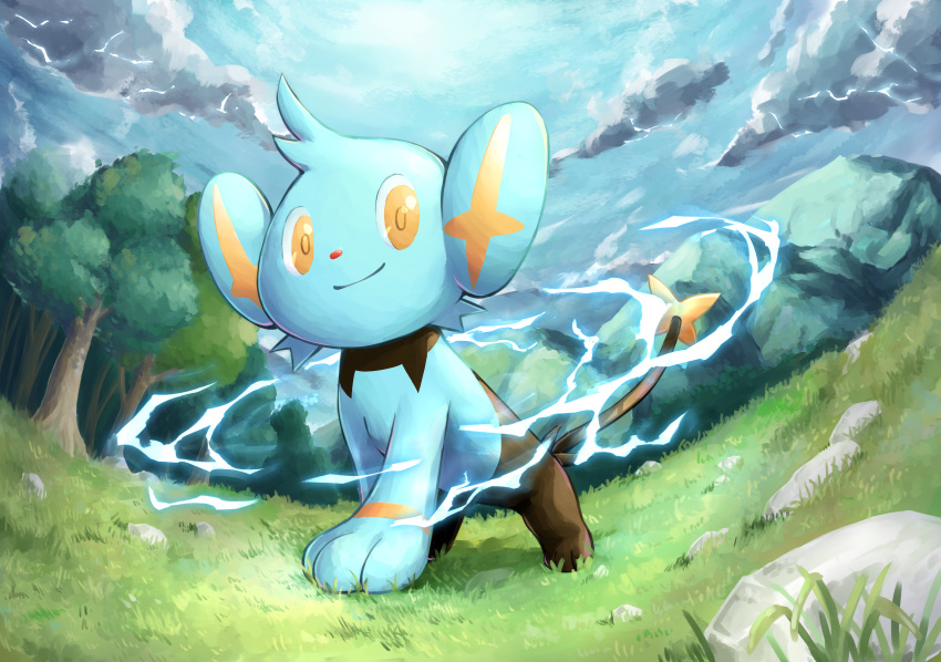 absurdres closed_mouth clouds commentary_request day electricity full_body gen_4_pokemon grass highres huge_filesize kareha_p no_humans outdoors paws pokemon pokemon_(creature) shinx sky smile solo standing stone toes tree yellow_eyes