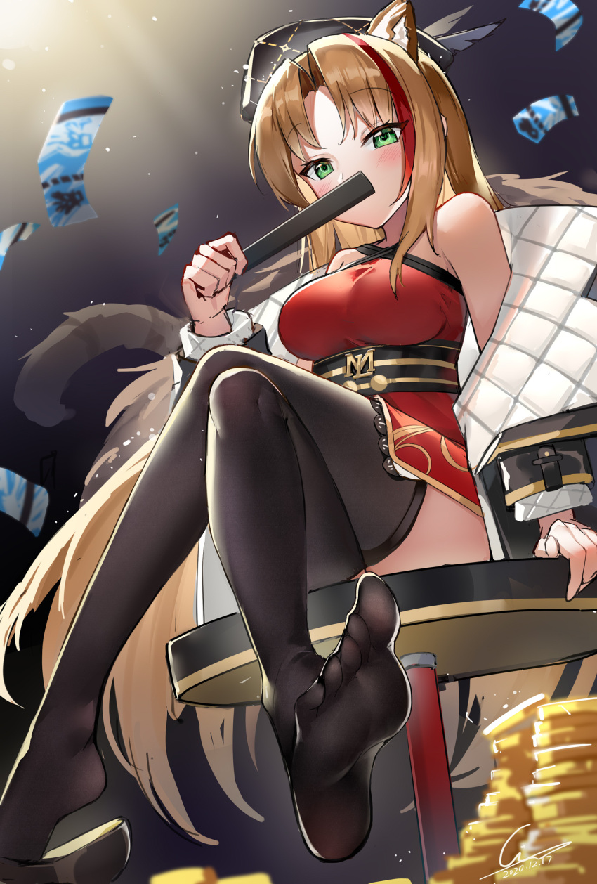 1girl animal_ears arknights arm_support bare_shoulders black_footwear black_legwear blonde_hair blush breasts coin commentary_request covering_mouth dark_background dress eyebrows_visible_through_hair fang folding_fan ginn_(hzh770121) green_eyes hand_fan highres holding holding_fan large_breasts looking_at_viewer lungmen_dollar multicolored_hair off_shoulder on_table red_dress redhead sitting solo streaked_hair swire_(arknights) table tail thigh-highs tiger_ears tiger_girl tiger_tail