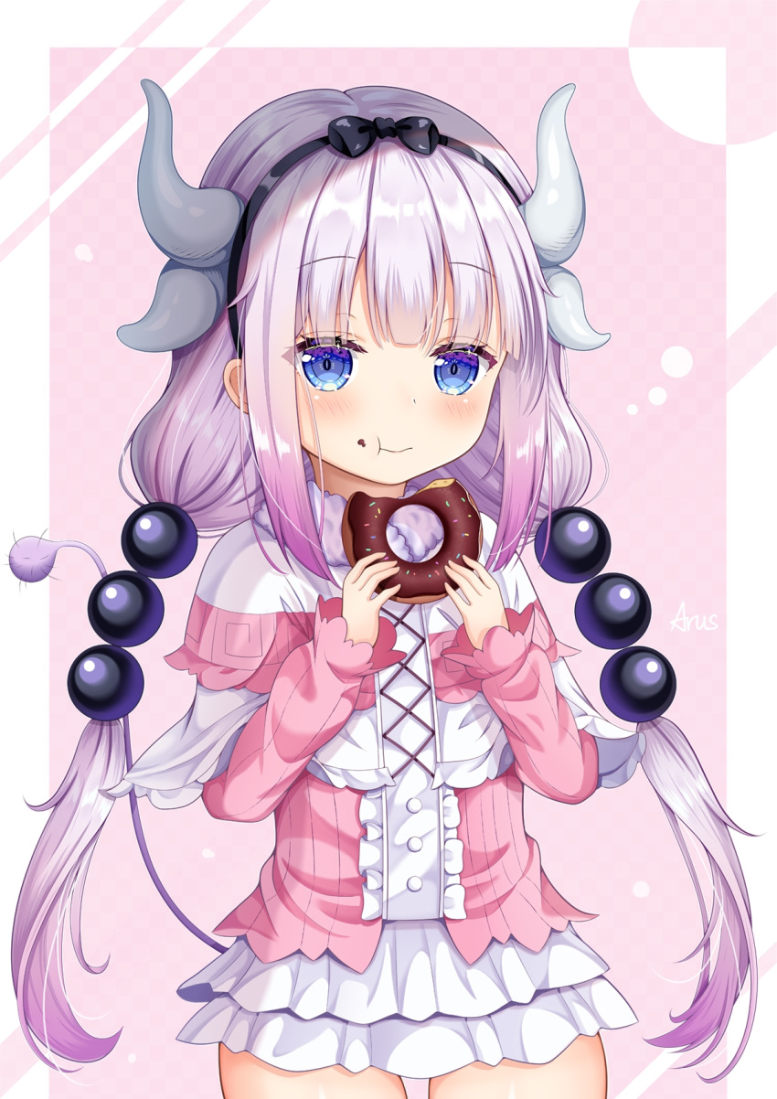 1girl arus beads blue_eyes blush bow capelet doughnut dragon_girl dragon_horns dress eating eyebrows_visible_through_hair food food_on_face hair_beads hair_bow hair_ornament highres horns kanna_kamui kobayashi-san_chi_no_maidragon long_hair low_twintails pink_dress pink_hair ribbon short_dress solo tail twintails white_capelet