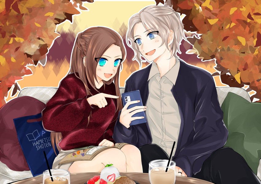 1boy 1girl 3so4ru5959 alternate_hairstyle asymmetrical_legwear autumn_leaves bad_id bad_twitter_id black_pants blue_eyes blue_jacket braid brother_and_sister brown_hair cellphone collared_shirt commentary_request contemporary couch crown_braid cup dessert drinking_glass drinking_straw food grey_shirt grey_skirt highres holding holding_magazine holding_phone jacket katarina_claes keith_claes light_brown_hair long_hair looking_at_another magazine miniskirt on_couch open_clothes open_jacket open_mouth otome_game_no_hametsu_flag_shika_nai_akuyaku_reijou_ni_tensei_shite_shimatta outline pants phone pillow pointing red_sweater shirt short_hair siblings sitting skirt smartphone smile step-siblings sweater white_outline