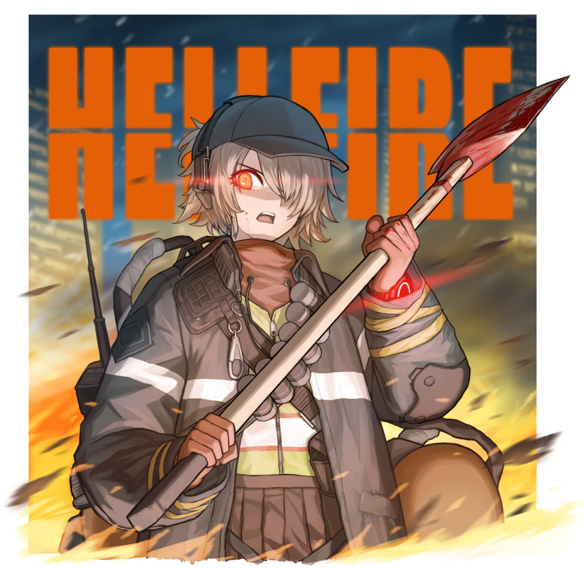 1girl axe baseball_cap blood blood_on_face bloody_axe building character_name cheogtanbyeong commentary_request english_text fire fire_axe girls_frontline gloves glowing glowing_eye hair_over_one_eye hat highres holding holding_axe light_brown_hair looking_at_viewer open_mouth outdoors red_eyes rogue_division_agent short_hair solo tom_clancy's_the_division upper_body vector_(girls_frontline) vector_(hellfire)_(girls_frontline)