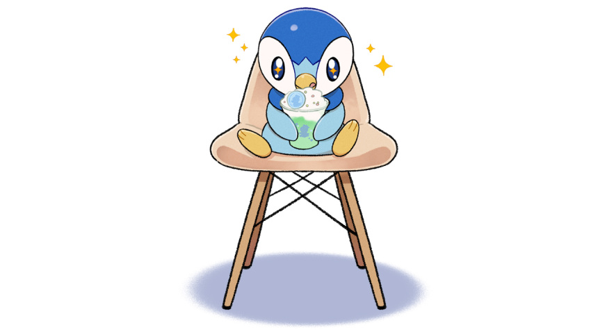 +_+ blue_eyes chair commentary_request cup gen_4_pokemon holding no_humans official_art on_chair piplup pokemon pokemon_(creature) prj_pochama sitting solo sparkle toes white_background