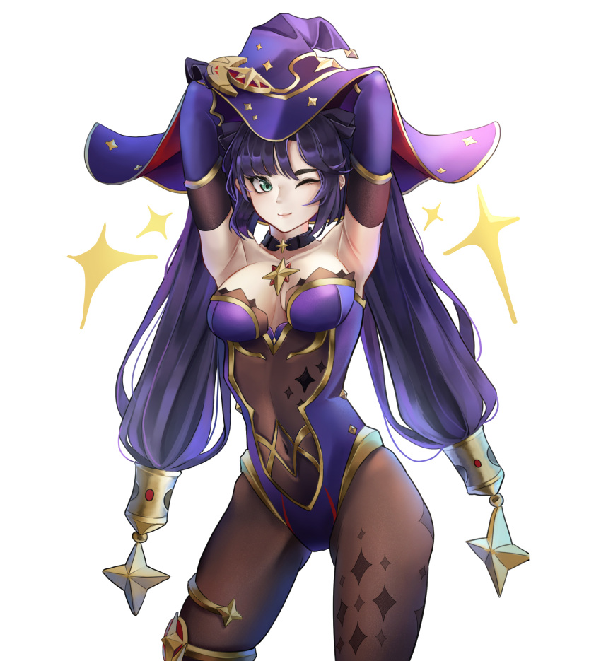 1girl ;) absurdres armpits arms_up ass_visible_through_thighs bangs black_choker breasts choker commentary covered_navel cowboy_shot elbow_gloves genshin_impact gloves green_eyes hat highres leotard long_hair looking_at_viewer medium_breasts mona_(genshin_impact) one_eye_closed purple_hair purple_headwear purple_leotard simple_background smile solo standing strapless strapless_leotard thighs twintails uth_95 very_long_hair white_background witch_hat