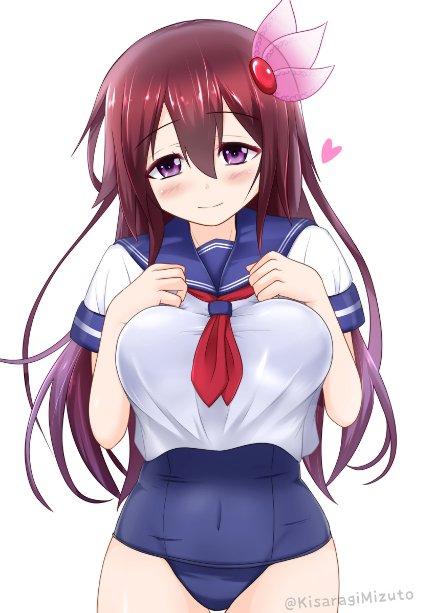 1girl alternate_breast_size alternate_costume blue_sailor_collar blue_swimsuit blush breasts brown_hair covered_navel cowboy_shot eyebrows_visible_through_hair flower hair_between_eyes hair_flower hair_ornament hands_on_own_chest heart highres kantai_collection kisaragi_(kancolle) kisaragi_mizuto large_breasts looking_at_viewer necktie old_school_swimsuit one-piece_swimsuit red_neckwear sailor_collar school_swimsuit simple_background solo swimsuit swimsuit_under_clothes twitter_username violet_eyes white_background