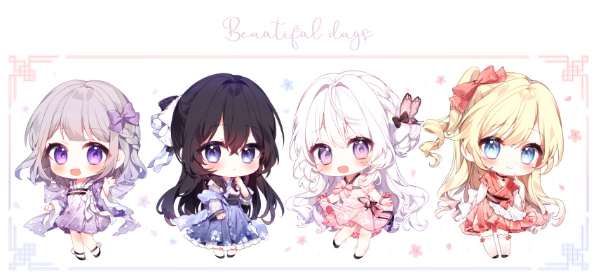 4girls :d black_footwear black_hair blonde_hair blue_eyes blush bow braid butterfly_hair_ornament chibi closed_mouth commentary english_text grey_hair hair_bow hair_ornament hand_up highres long_hair long_sleeves looking_at_viewer multiple_girls obi open_mouth original purple_bow red_bow sash shoes sleeves_past_wrists smile symbol-only_commentary taya_oco thigh-highs very_long_hair violet_eyes white_background white_bow white_hair white_legwear wide_sleeves