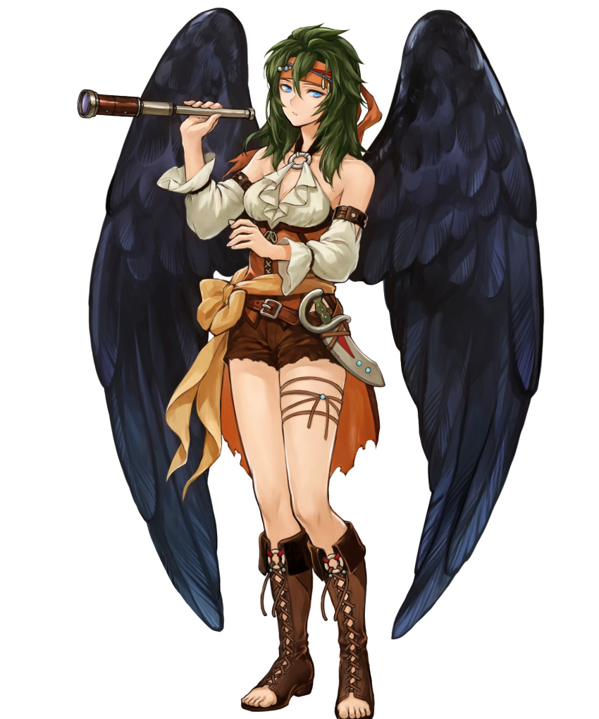 1girl bangs bare_shoulders belt blue_eyes boots breasts collarbone cross-laced_footwear dagger feathered_wings fire_emblem fire_emblem:_radiant_dawn fire_emblem_heroes green_hair halterneck headband highres holding knee_boots knife lace-up_boots long_hair looking_at_viewer medium_breasts o-ring official_art shorts sleeveless solo spyglass standing toeless_footwear toes transparent_background uroko_(mnr) vika_(fire_emblem) weapon wings
