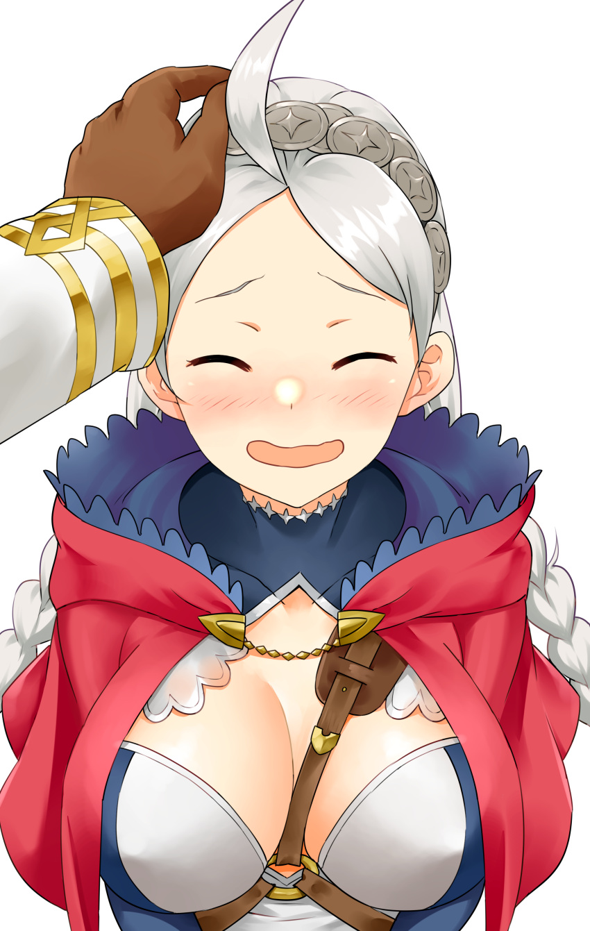 absurdres ahoge bangs braid breasts brown_gloves closed_eyes fire fire_emblem fire_emblem_fates fire_emblem_heroes gloves hairband harness headpat highres hood hood_down igni_tion kiran_(fire_emblem) large_breasts looking_at_viewer male_hand md5_mismatch nina_(fire_emblem) open_mouth twin_braids upper_body