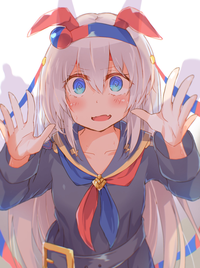 1girl @_@ animal_ears bangs black_sailor_collar black_shirt blue_eyes blue_hairband blue_neckwear collarbone commentary_request eyebrows_visible_through_hair fang grey_hair hair_between_eyes hairband hands_up highres horse_ears long_hair long_sleeves looking_at_viewer neckerchief open_mouth red_neckwear rinrin_(927413) sailor_collar shadow shirt simple_background solo tamamo_cross_(umamusume) umamusume upper_body very_long_hair white_background