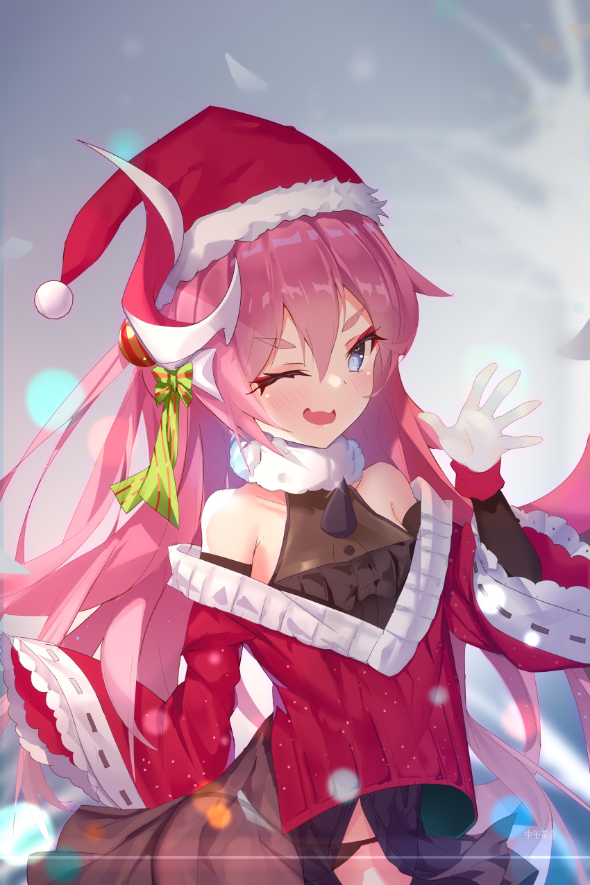 1girl :d absurdres bangs bare_shoulders blue_eyes christmas christmas_ornaments gloves hair_between_eyes highres honkai_(series) honkai_impact_3rd horns huge_filesize long_hair long_sleeves looking_at_viewer one_eye_closed open_mouth pink_hair rozaliya_olenyeva single_horn smile solo sweater thick_eyebrows thigh-highs v-shaped_eyebrows waving white_gloves zettai_ryouiki zhongwu_chahui