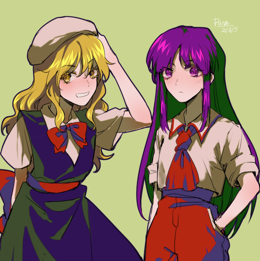 2girls aihara-rina alternate_costume black_dress blonde_hair bow bowtie dress hakurei_reimu hakurei_reimu_(pc-98) hand_in_pocket hand_on_headwear hat highres kirisame_marisa kirisame_marisa_(pc-98) long_hair lotus_land_story mob_cap multiple_girls necktie no_hat no_headwear pants pocket purple_hair red_neckwear red_pants sash shirt short_sleeves sidelocks sleeves_rolled_up touhou touhou_(pc-98) white_headwear white_shirt