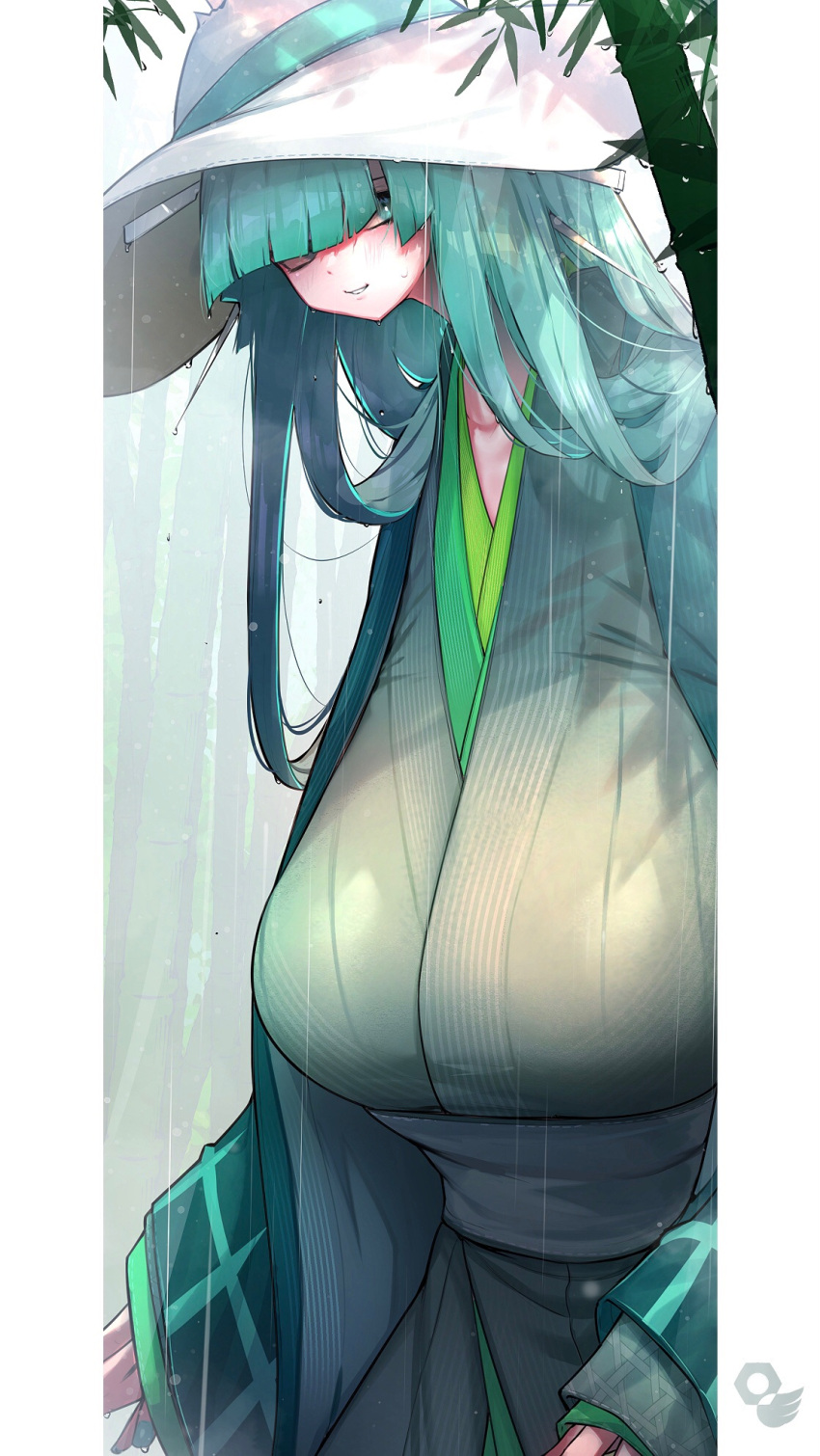 1girl breasts celesteela gen_7_pokemon gigantic_breasts green_eyes green_hair hat highres humanization japanese_clothes kashu_(hizake) kimono pokemon solo ultra_beast