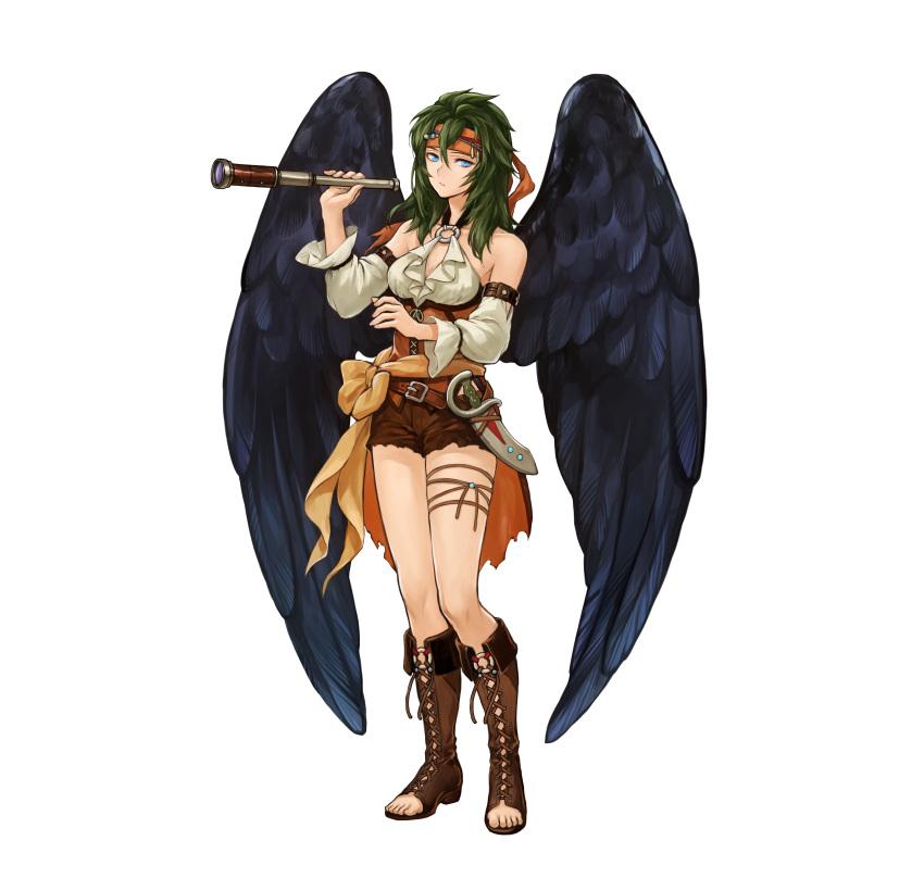 1girl absurdres bangs bare_shoulders belt blue_eyes boots breasts collarbone commentary cross-laced_footwear dagger feathered_wings fire_emblem fire_emblem:_radiant_dawn fire_emblem_heroes green_hair halterneck headband highres holding knee_boots knife lace-up_boots long_hair looking_at_viewer medium_breasts o-ring official_art shorts simple_background sleeveless solo spyglass standing toeless_footwear toes uroko_(mnr) vika_(fire_emblem) weapon white_background wings