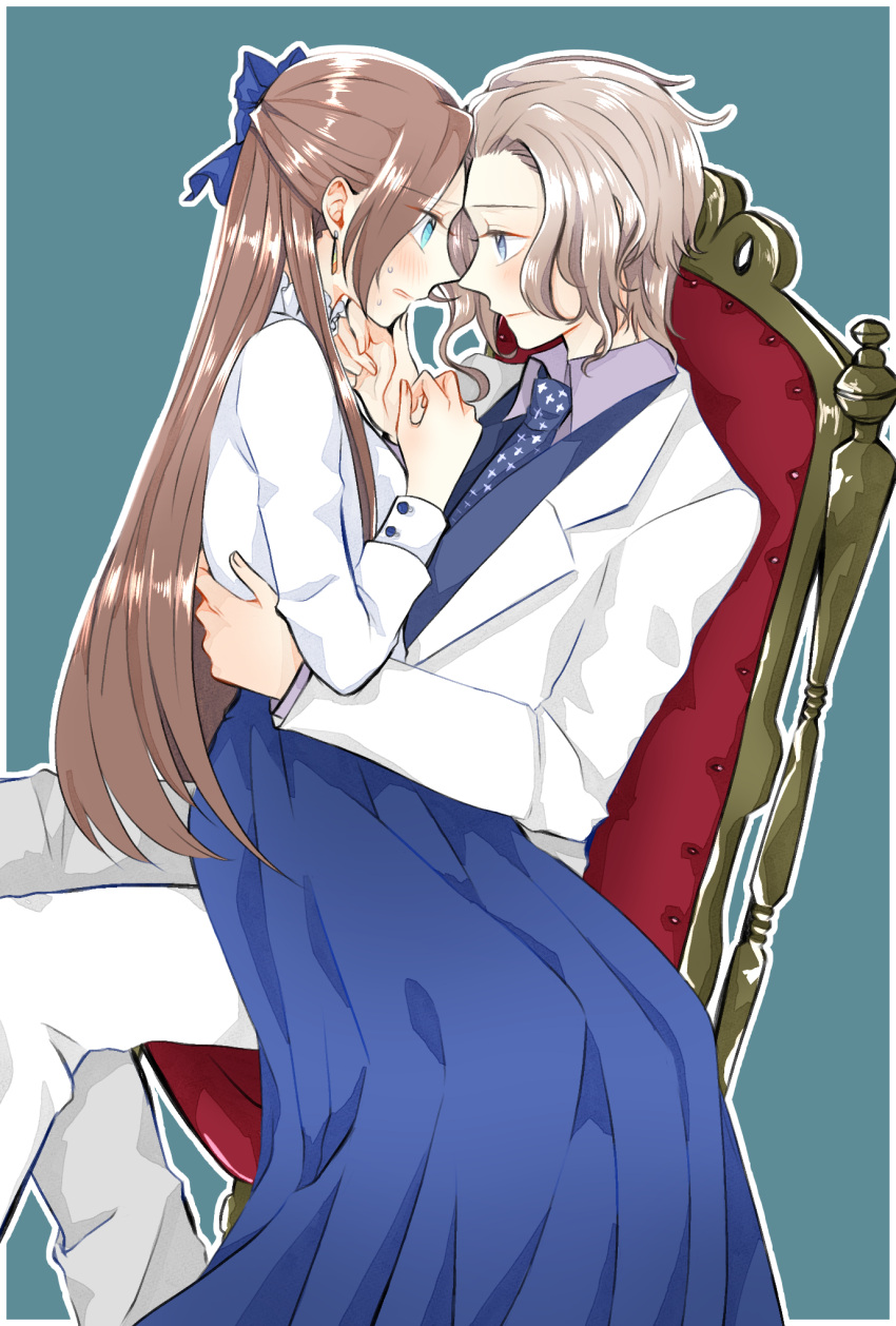 1boy 1girl 3so4ru5959 arm_around_waist blazer blue_bow blue_eyes blue_neckwear blue_skirt blue_vest blush bow brother_and_sister brown_hair closed_mouth commentary_request dress_shirt frown hair_bow hand_on_another's_chin highres jacket katarina_claes keith_claes light_brown_hair light_smile long_hair long_skirt necktie on_chair otome_game_no_hametsu_flag_shika_nai_akuyaku_reijou_ni_tensei_shite_shimatta outline pants parted_lips pleated_skirt purple_shirt shirt siblings sitting sitting_on_lap sitting_on_person skirt step-siblings vest white_jacket white_outline white_pants white_shirt wing_collar wooden_chair