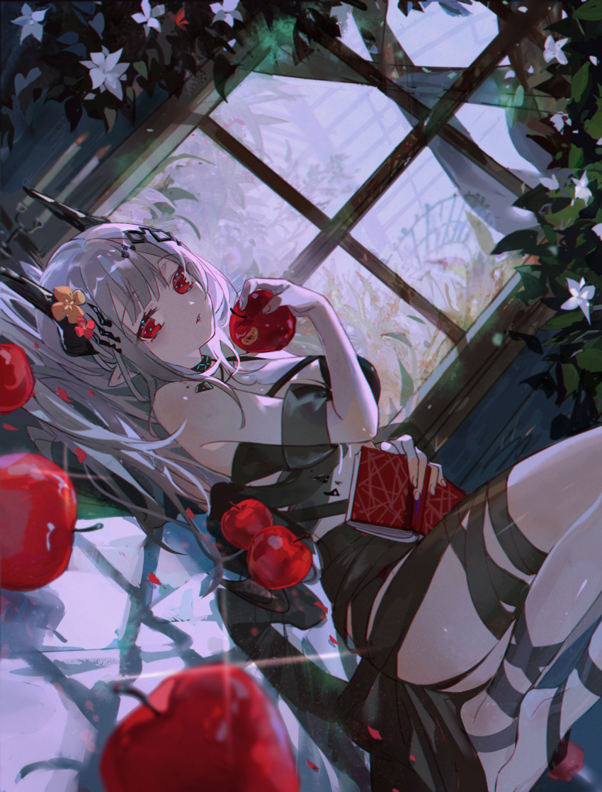 1girl apple arknights bikini black_bikini black_collar black_ribbon book collar demon_horns dutch_angle ferris_wheel flower food fruit highres holding holding_book holding_food holding_fruit horns infection_monitor_(arknights) kanose knees_up looking_at_viewer lying mudrock_(arknights) mudrock_(silent_night)_(arknights) official_alternate_costume on_back oripathy_lesion_(arknights) parted_lips red_eyes ribbon solo swimsuit white_flower window
