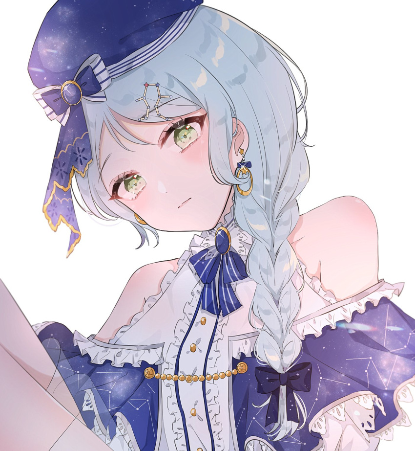 1girl bang_dream! bangs bare_legs bare_shoulders beret blue_hair blue_headwear blue_shirt blush braid clothing_cutout commentary constellation_hair_ornament constellation_print earrings expressionless frilled_shirt frills green_eyes hat head_tilt highres hikawa_sayo jewelry knee_up long_hair looking_at_viewer looking_down shain shirt shoulder_cutout sidelocks simple_background solo symbol-only_commentary upper_body white_background